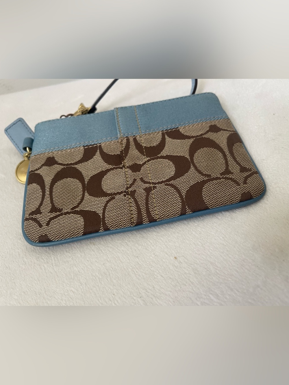 Coach Brown Signature Canvas Wristlet with Blue Trim - Picture 7 of 7
